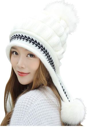 Generic White Hat Ski for Women Hood Scarf Slouch Beanie Hats Knitted Hemming Wool Warm Keep Women Hat Winter with Hair Fashion Baseball Caps Slouch Beanie Ha