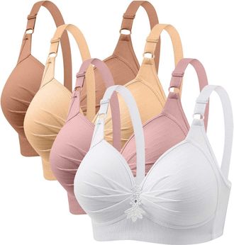 Generic Anti Sagging Bras for Older Women 4 Pack Bra Wireless Full Coverage Lace Bralette Adjustable Straps Soft Bras for Women UK Push Up Comfort Bralette La
