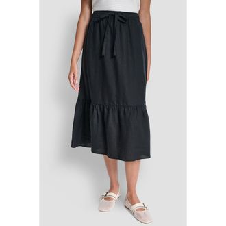 DKNY Drawstring Waist Linen Midi Skirt in Black at Nordstrom, Size X-Large