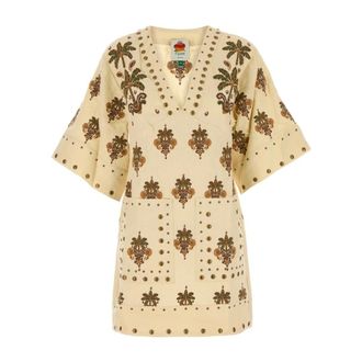 Farm Rio FARM Rio, Tunics, female, Multicolor, Size: XS Embroidered Linen Tunic Dress