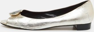 Carolina Herrera Gold Leather Logo Peep-Toe Ballet Flats