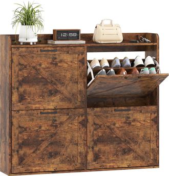 OEM Zapatero Estrecho Con 4 Compartimentos Abatibles Divisores Ajustables Para 24 Pares Con Antivuelco 120x24x103 Cm Marr&oacute;n