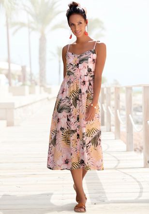 Lascana Sommerkleid LASCANA, Damen, Gr. 34, N-Gr, orange (apricot, bedruckt), Web, Obermaterial: 58% Viskose, 28% Baumwolle, 14% Leinen, figurumspielend Midi,