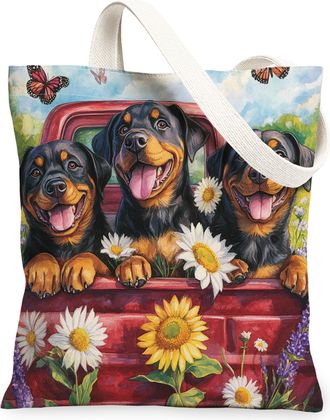 Generic Spring Japanese Chin Dog Canvas Tote Bag for Shopping 13x15, Truck Garden Daisy Scenic Puppy Reusable Grocery Print Bag for Women, Pet Beach Aesthetic