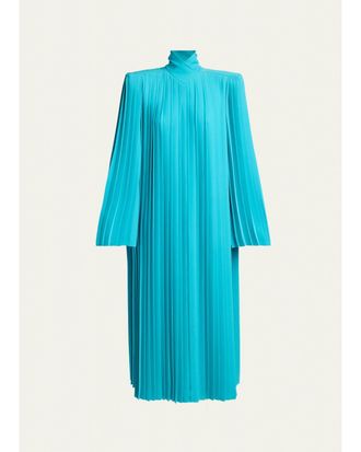 Valentino Garavani Pleated Padded-Shoulder Midi Shift Dress