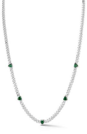 Sphera Milano Cubic Zirconia Heart Station Curb Chain Necklace in Silver/green at Nordstrom Rack