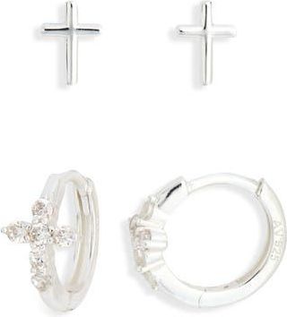 Argento Vivo Set of 2 Cubic Zirconia Cross Stud & Hoop Earrings at Nordstrom Rack