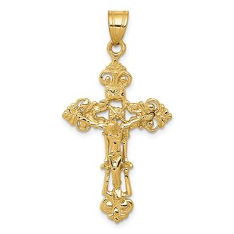 Diamond2Deal 10k Yellow Gold INRI Fleur De Lis Crucifix Pendant