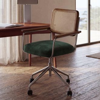 Maisons du monde Silla de escritorio con ruedas ajustable en altura de terciopelo verde y rat&aacute;n