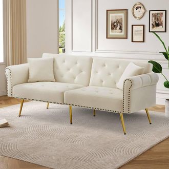 Merax Two Seater Velvet Sofa Bed with Adjustable Backrest in White