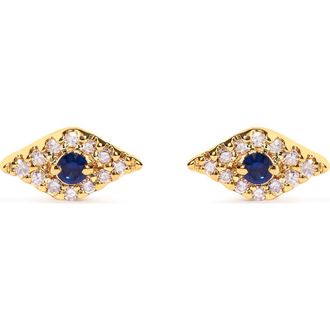 House of Brilliance 10K Yellow Gold Blue Sapphire and Diamond Accent Evil Eye Stud Earring at Nordstrom