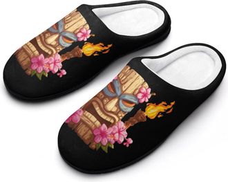 Generic Tiki Mask Hawaiian Flowers Torches Mens Slippers House Slipper Anti-skid Sole Indoor Shoes Outdoor Comfort Cotton