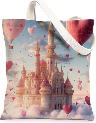 Generic Romantic Castle Canvas Tote Bags, Heart Balloon Pattern Reusable Grocery Bags, Vintage Lightweight Washable Shoulder Strap Canvas for Travel Outdoor B