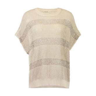 Brunello Cucinelli Brunello Cucinelli, Round-neck Knitwear, female, Beige, Size: XS Short Sleeve Striped Knit