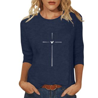 Generic 3/4 Sleeve Tops for Women UK Ladies Faith T-Shirt Christian Inspirational Shirt Summer Causal Graphic Printed Tees for Religious Gift Navy L