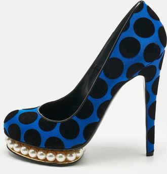Nicholas Kirkwood Blue/black Polka Dot Satin And Velvet Faux Pearl Casati Platform Pumps