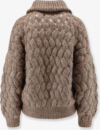 Brunello Cucinelli Womens Cardigan Perforated With Micro-Sequin - Brown Mohair Sweater