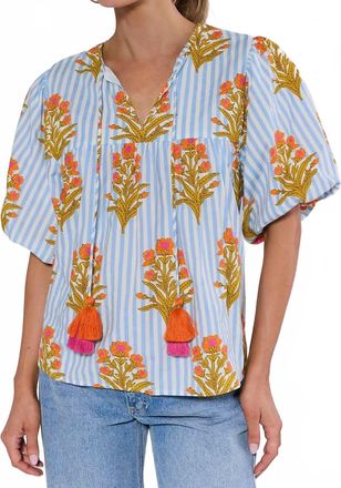 THML Clothing Puff Sleeve Floral Striped Top In Blue