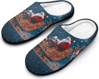 Generic Santa Reindeers Christmas Mens House Slippers Memory Foam Washable Cotton Slip on Home Shoes