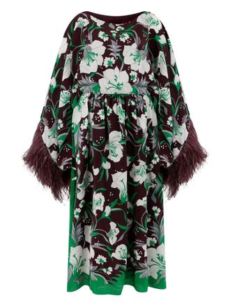 Valentino Garavani feather-trim floral dress - women - Viscose/Silk/Elastane - 44 - Brown