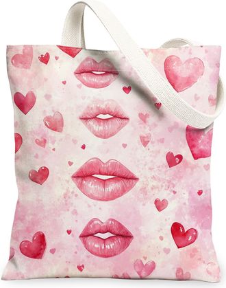 Generic Romantic Hearts Canvas Tote Bags, Cute Lip Print Reusable Grocery Bags, Valentines Day Lightweight Washable Shoulder Strap Canvas for Shopping Travel 