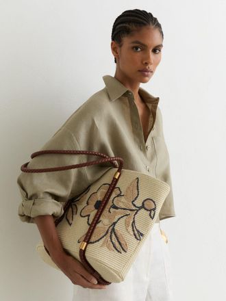 Reiss Natural Raffia-effect Embroidered Tote Bag