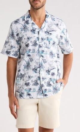 Original Penguin Beach Print Linen & Cotton Blend Camp Shirt in Bright White at Nordstrom Rack, Size Xx-Large