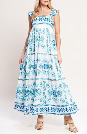 Flying Tomato Flutter Sleeve Maxi Dress in Blue White at Nordstrom Rack, Size X-Small