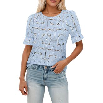 Generic Womans Tops Womens Eyelet Tops Puff Short Sleeve Blouses Dressy Casual Cute Hollow Out Crochet Lace Embroidered Summer Shirts(Blue,L)