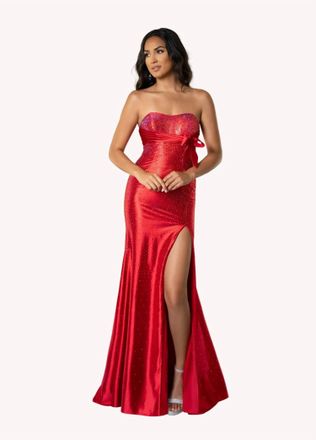 Rachel Allan Strapless Delicate Crystal Gown In Red