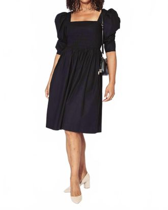Ganni Cotton Poplin Open Neck Smock Dress In Black