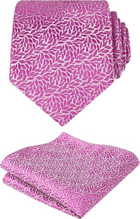 Alizeal Mens Leaves Pattern Wedding Party Tie with Pocket Square 8cm Self-tied Necktie Set, Magenta