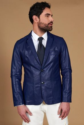 D'Arienzo Blazer in pelle naturale bluette con due bottoni DArienzo, Seleziona Taglia 52, Colore Bluette