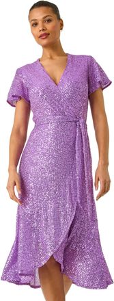 Roman Womens Sequin Wrap Front Midi Dress - Purple - Size 20 UK
