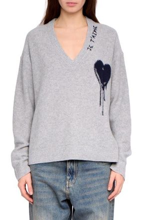 Zadig&Voltaire Mikyz Heart Appliqu&eacute; Cashmere V-Neck Sweater in Gris Chine Clai at Nordstrom, Size X-Small