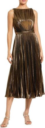 Mac Duggal Metallic Pleated High Neck Midi Dress in Antique Gold at Nordstrom, Size 14