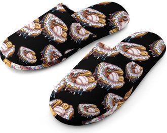 Generic Baseball Glove Ball Donuts Flannel Mens Slip-on Slippers Winter Warm House Shoes with Rubber Sole for Home Hotel