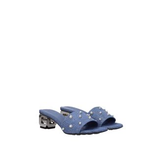 Givenchy Heeled Mules, female, Blue, Size: 6 US Fabric Sandal with Side Logo and Rhinestone Details