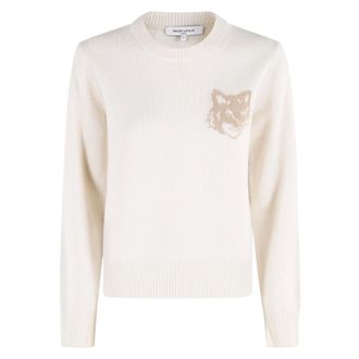 Maison Kitsun&eacute; Round-neck Knitwear, female, White, Size: S FOX Head Intarsia Merino Jumper