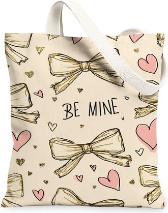 Generic ValentineS Day Heart Canvas Tote Bags, Cute Bow Pattern Reusable Shopping Bags, Lightweight Washable Elegant Shoulder Stra, Beige, 13x15 Inch