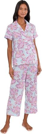 Lauren Ralph Lauren Short Sleeve Notch Collar Cropped Pants PJ Set Womens Pajama Sets Paisley : XL (US 16-18), Cotton/Viscose