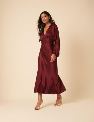 Nobody's Child Burgundy Satin Allura Midi Dress