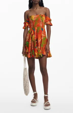 Desigual Tropical Print Off the Shoulder Cover-Up Minidress in Orange at Nordstrom, Size X-Small