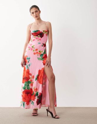 Hope & Ivy Vestito lungo con spalline sottili in raso rosa a fiori