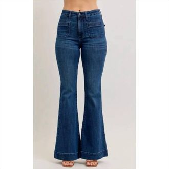 Judy Blue High Rise Flare Jeans With Front Patch Pockets In Blue