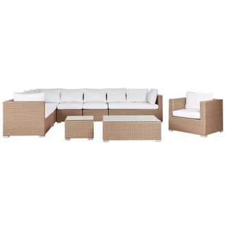 Beliani Conjunto De Jard&iacute;n 9 Plazas De Rat&aacute;n Sint&eacute;tico Con Sof&aacute; Cojines Blancos Beige Arena Xxl