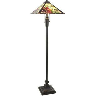 Loops 1.6m Tiffany Twin Floor Lamp Matt Black & Flowers Stained Glass Shade i00019