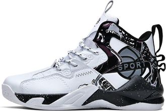 Generic Mens High Top Basketball Shoes with Cushioned Rebounding Durable Leather for Youth Sports Training Boots Walking Shoes(White Black,4.5 UK)