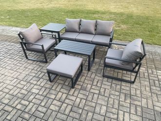 Fimous Aluminium Outdoor Furniture Set 6 Seater Garden Sofa with Oblong Coffee Table Big Footstool 2 Armchairs Side Table Dark Grey