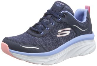 Skechers Womens Dlux Walker Fresh Finesse Sneaker, Navy Blue Leather Mesh Pink Blue Trim 336, 8 UK